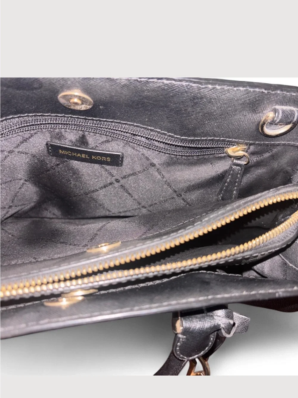 Michael Kors Black Saffiano Leather Zip Tote with Gold Hardware